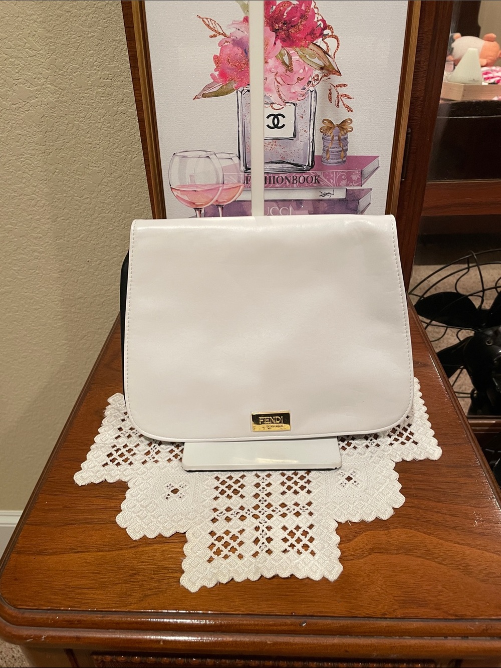 Fendi Perfumes White Vegan Leather Pouch with Gold-Tone Plaque